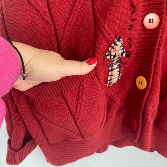 Embroidered Cable Knit Red Patchwork Chunky Cardigan 90s Sporty Grandpa Large - Picture 7 of 15